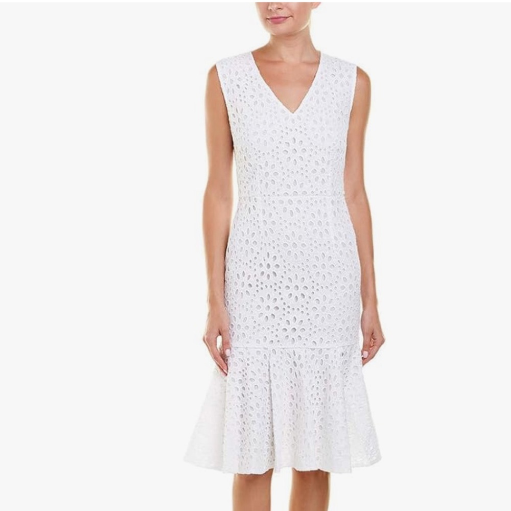 Catherine Malandrino Women’s  White Eyelet Sleeveless Midi Dress Ruffled Hem 12